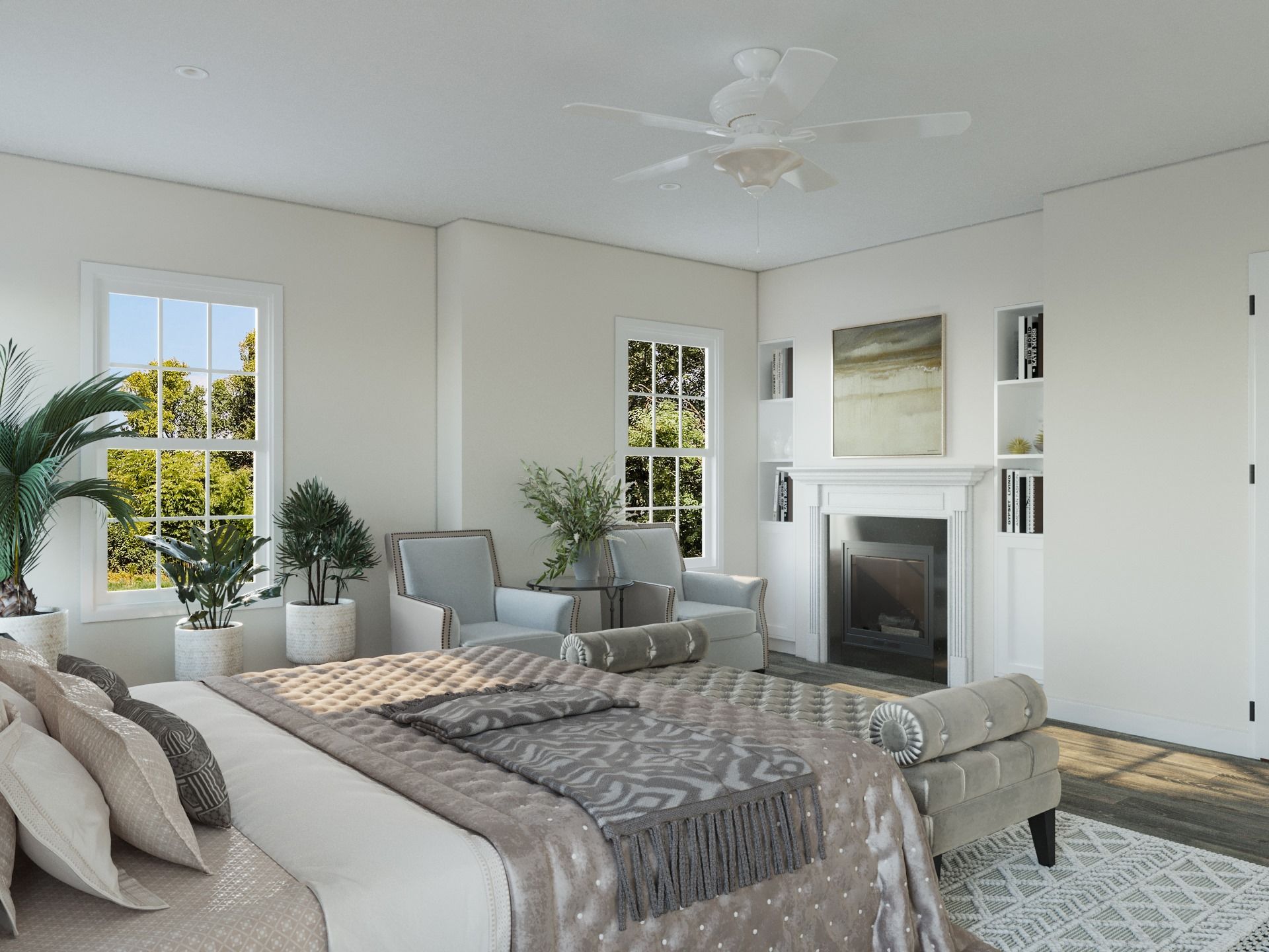 a bedroom with modern furniture, a fireplace, and a sitting area