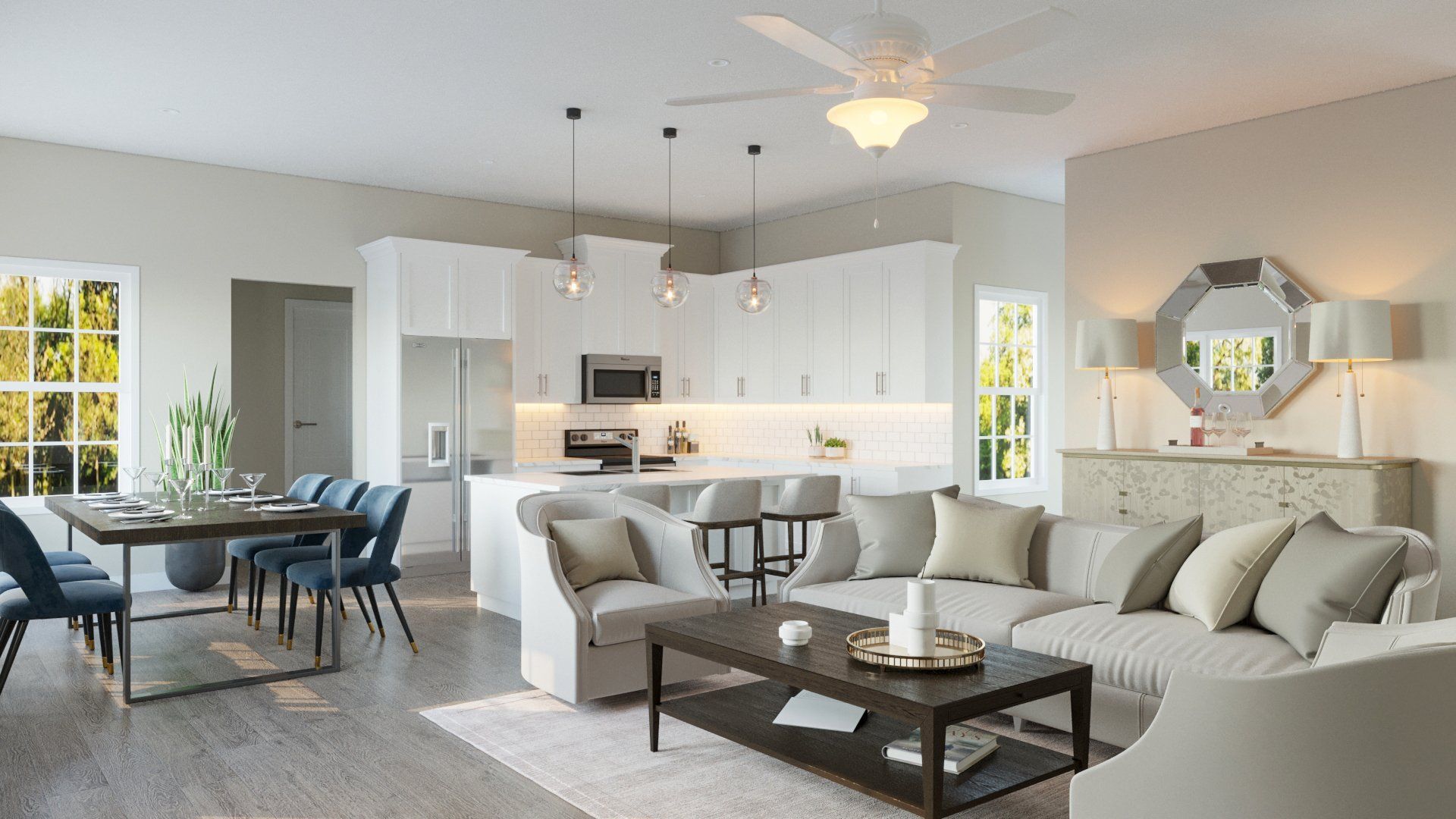 a large living room with modern furniture and hard wood floors