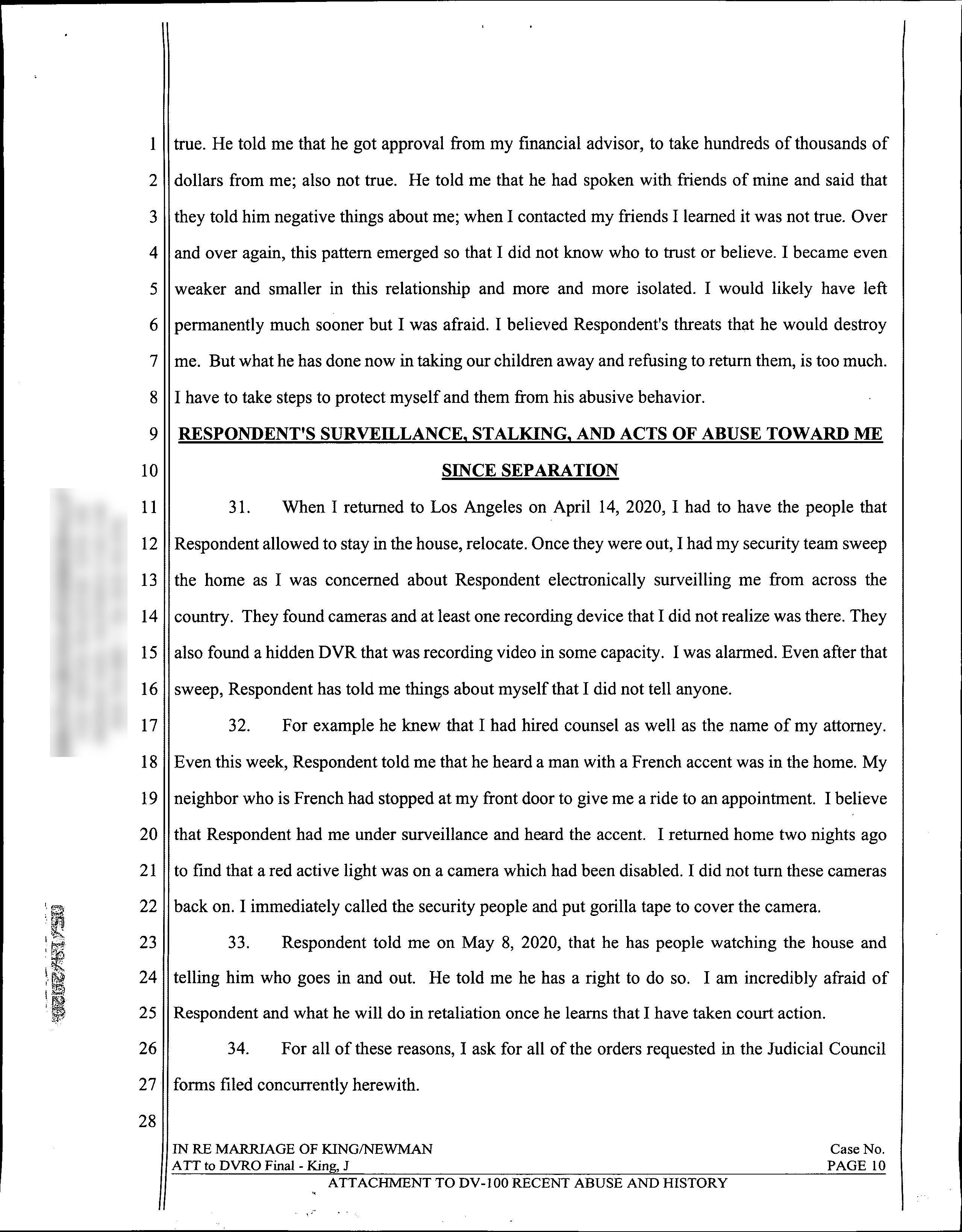 Page ten of Jaime King's domestic violence restraining order declaration