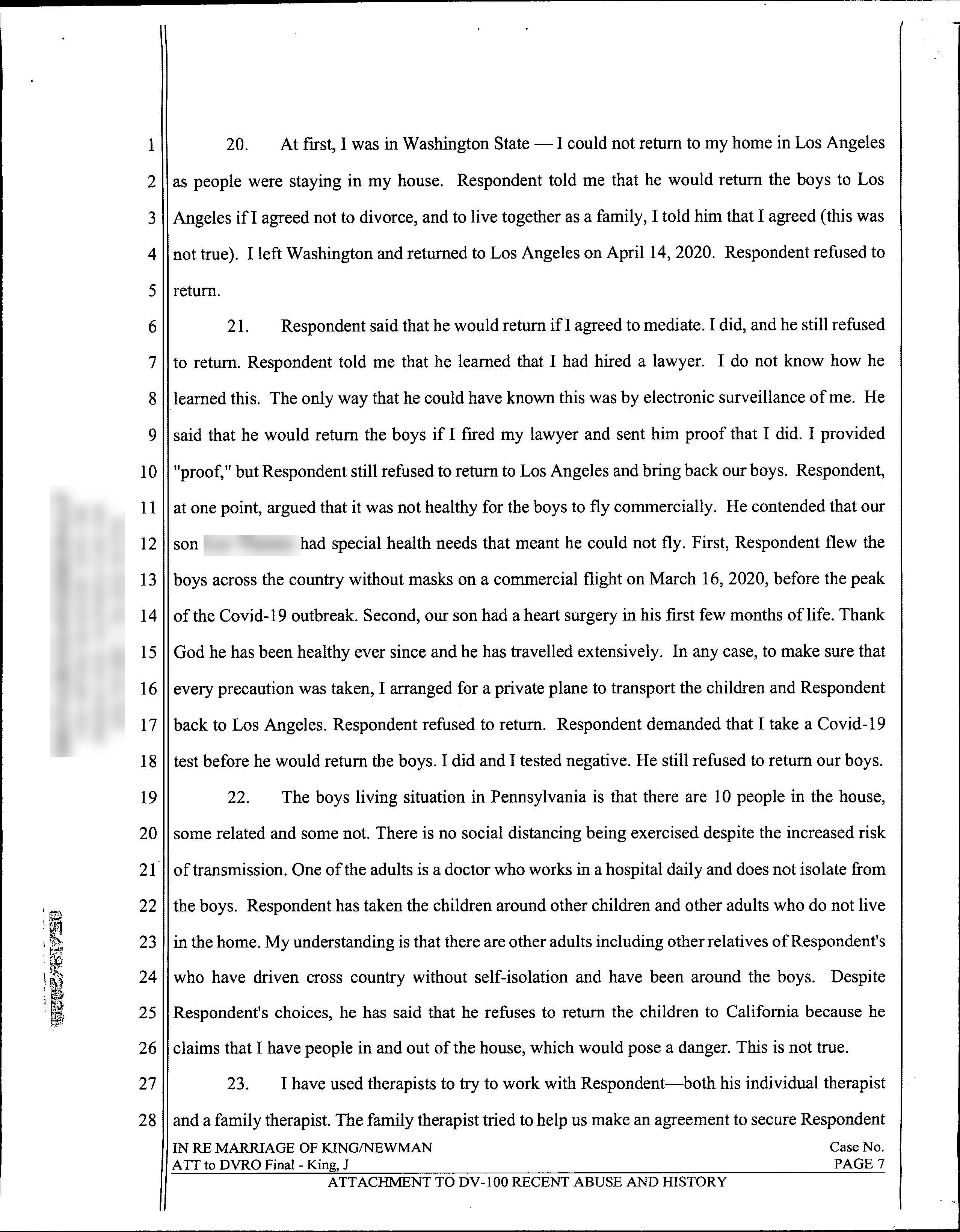 Page seven of Jaime King's domestic violence restraining order declaration