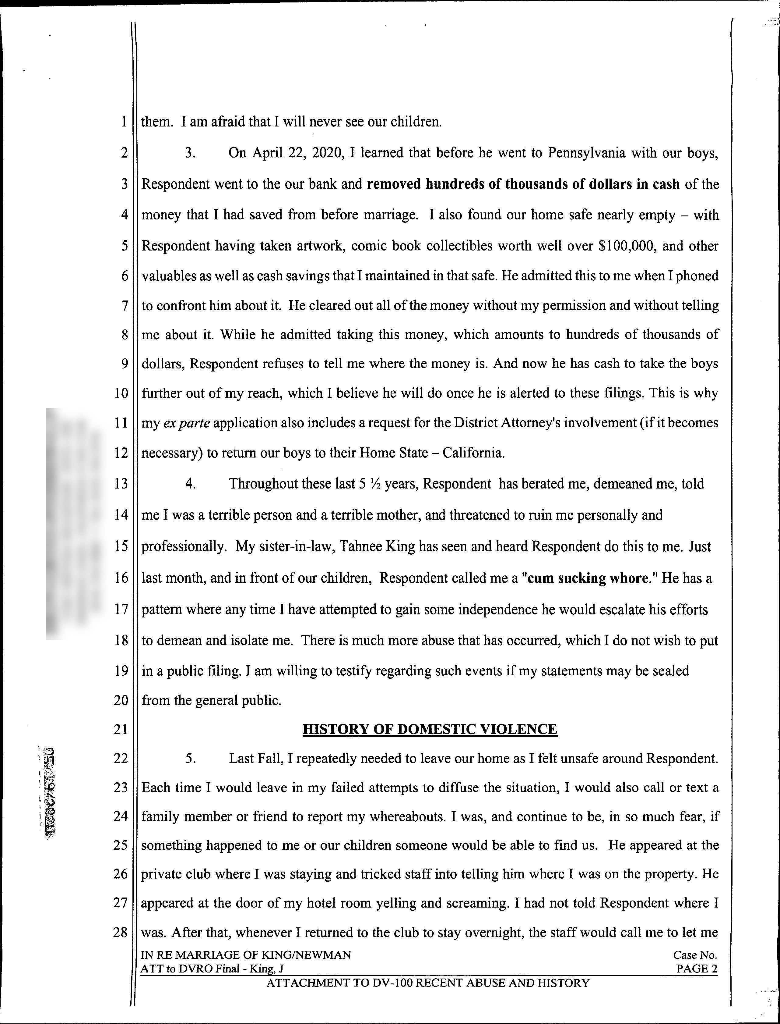 Page two of Jaime King's domestic violence restraining order declaration