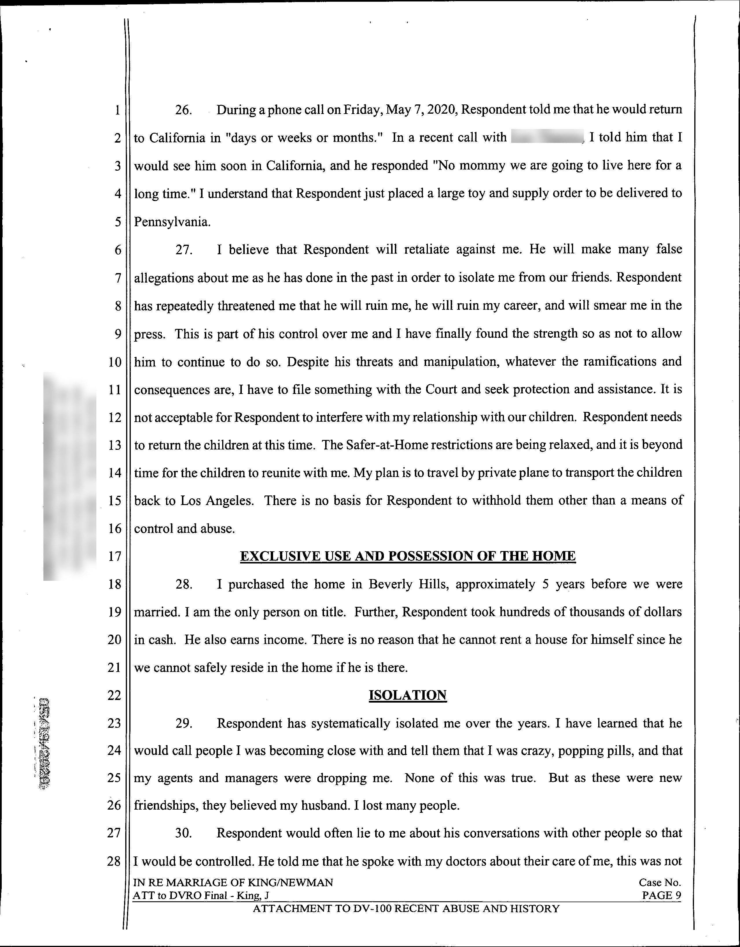 Page nine of Jaime King's domestic violence restraining order declaration