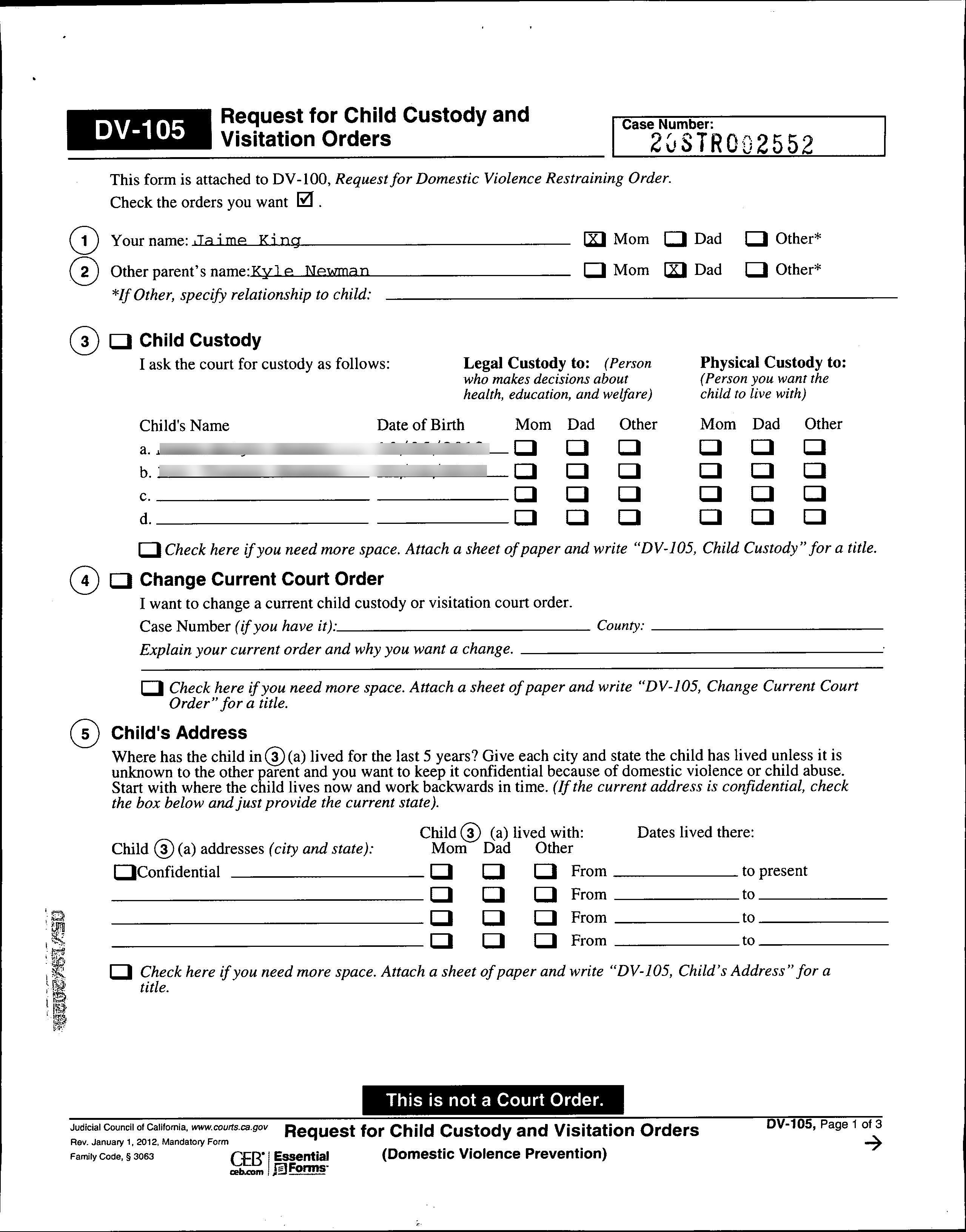 Page one of Jaime King's DV-105 form