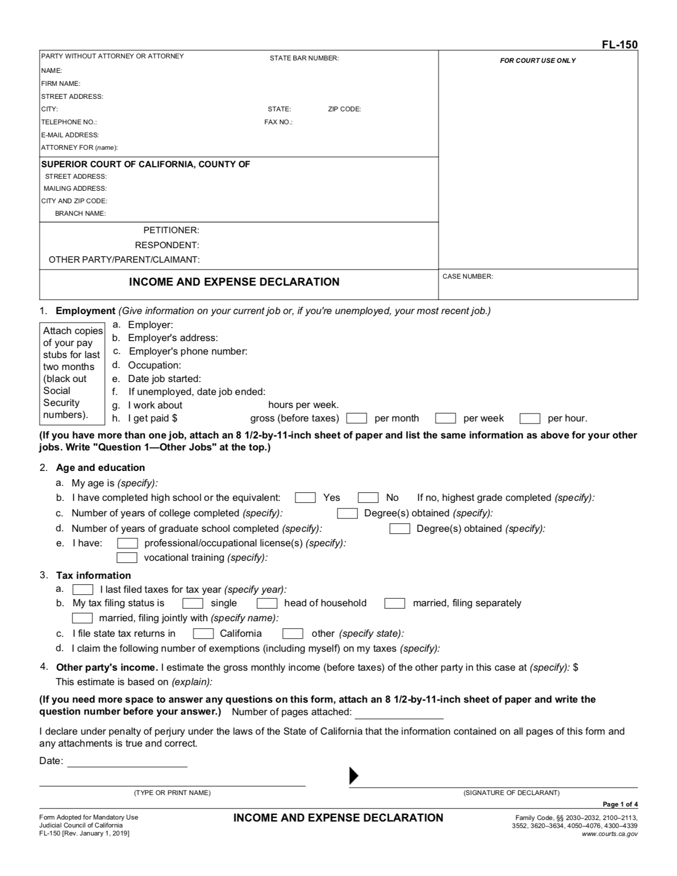 FL-150 income and expense declaration