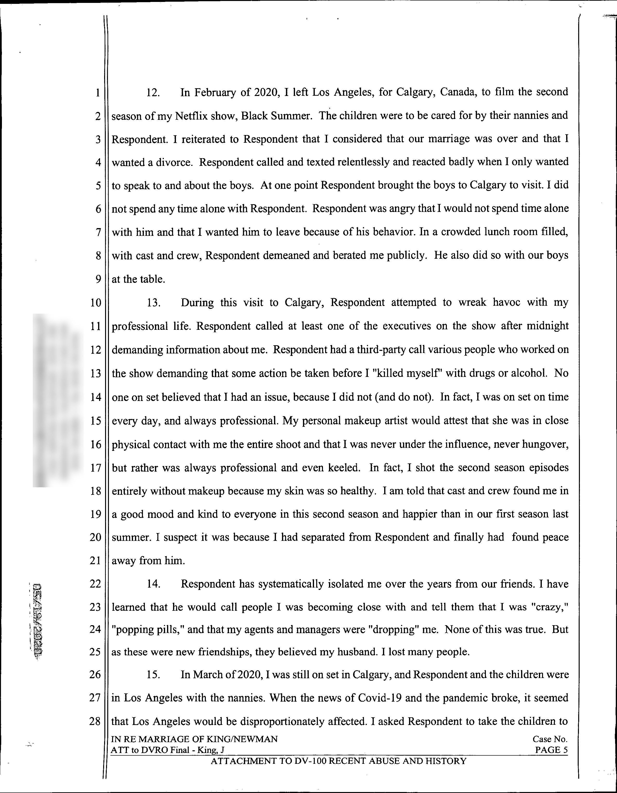 Page five of Jaime King's domestic violence restraining order declaration