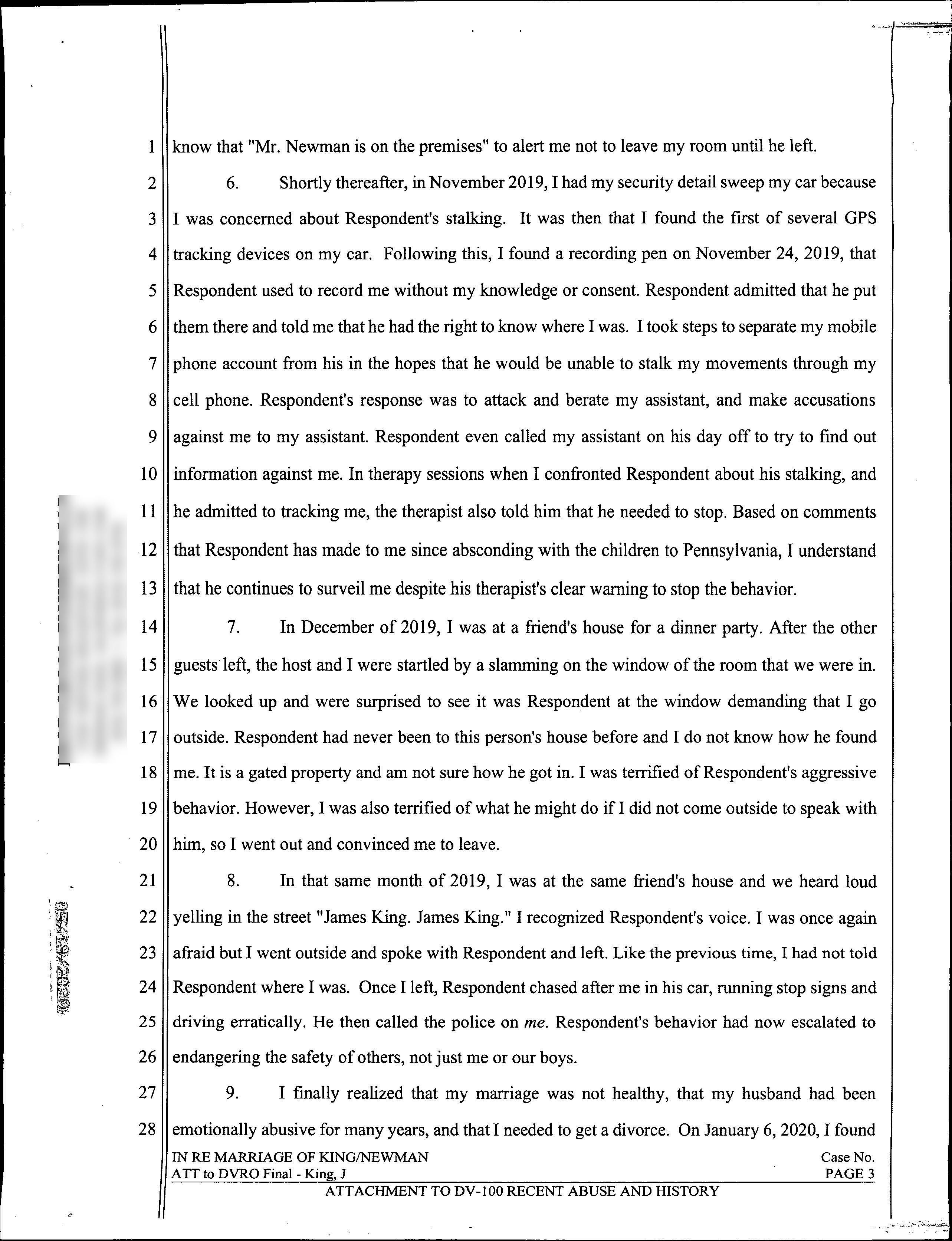 Page three of Jaime King's domestic violence restraining order declaration