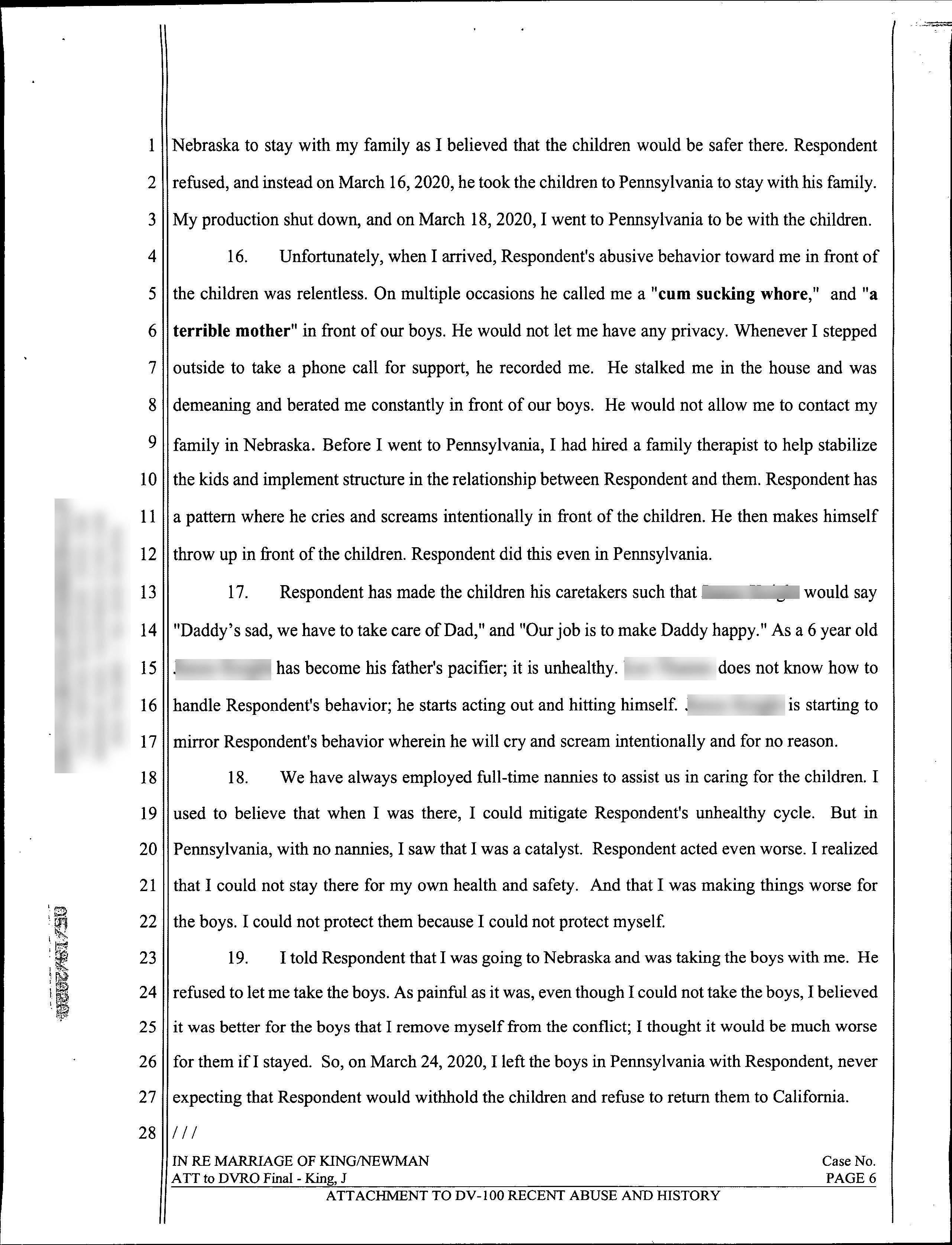 Page six of Jaime King's domestic violence restraining order declaration