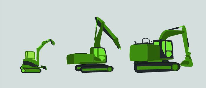 Mini, 200, and 300 excavator line up