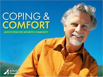 An older man poses next to the words &quot;coping & comfort, advice from the arthritis community.&quot;