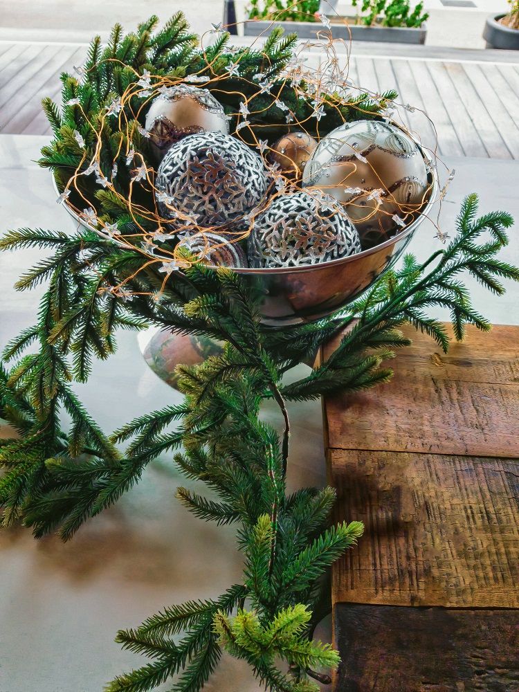 christmas ornaments in bowl
