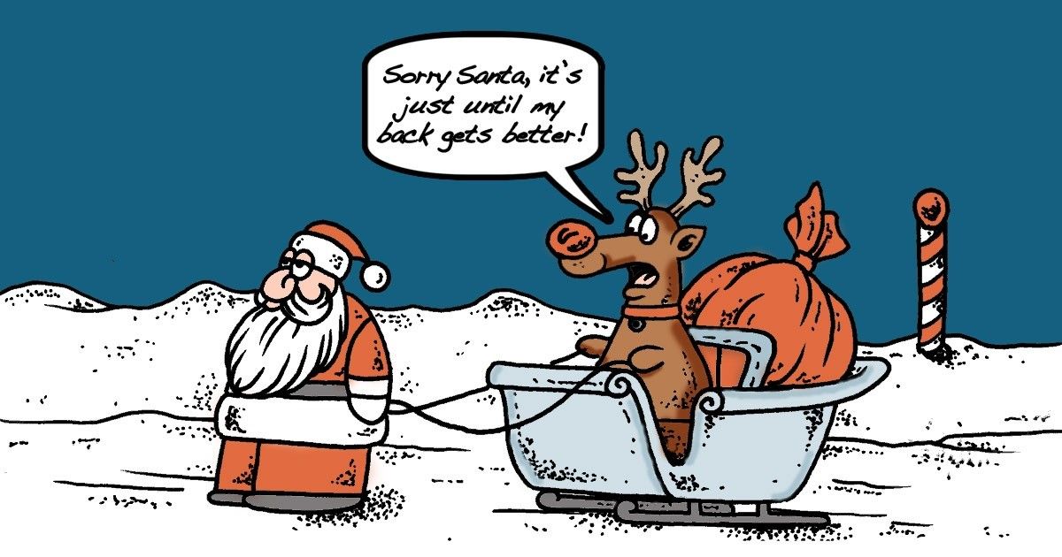 A comic depicting Santa pulling Rudolph due to the latter's back pain.
