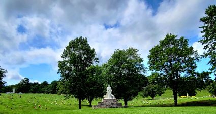 a grassy field with trees and a statue in the middle
