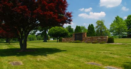 a grassy area with trees and a brick wall in the background