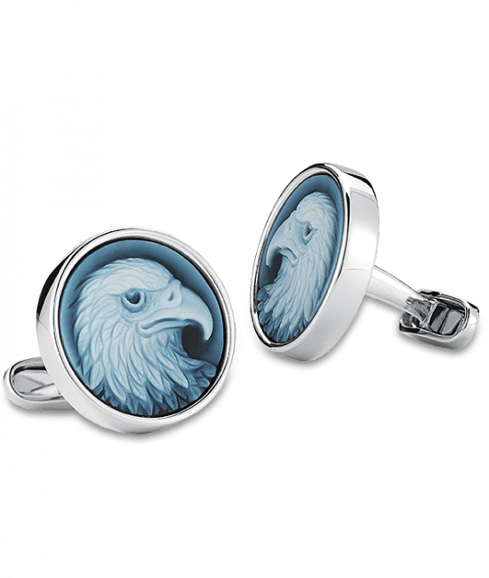 White Gold Carved Blue Agate Eagle Cufflinks