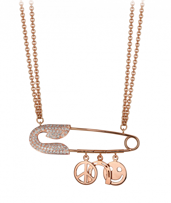 Large Rose Gold Safety Pin Necklace with Charms