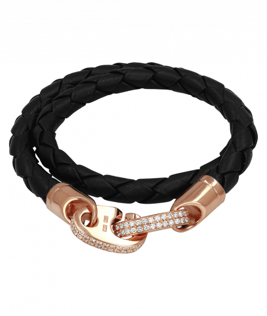 Perfect Fit Bracelet Double Strap Rose Gold with White Diamonds on Black Leather