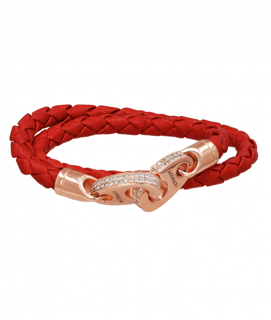 Perfect Fit Bracelet Double Strap Rose Gold with White Diamonds on Red Leather