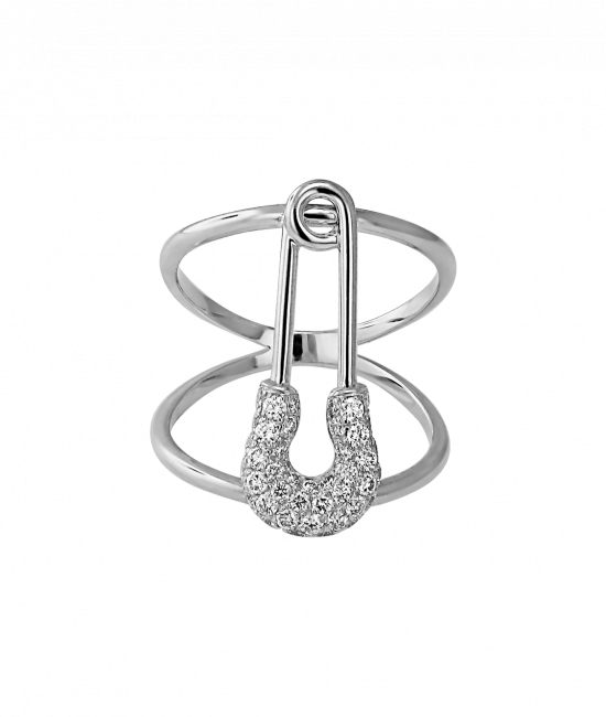 White Gold Diamond Safety Pin Ring