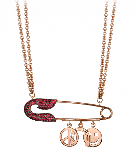 Large Rose Gold Ruby Safety Pin Necklace with Charms