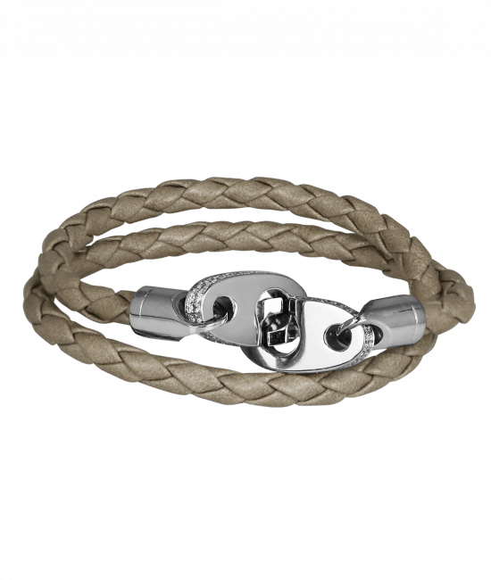 Perfect Fit Bracelet Double Strap White Gold with White Diamonds on Braided tan Rope