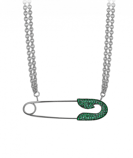 Large White Gold Emerald  Safety Pin Necklace