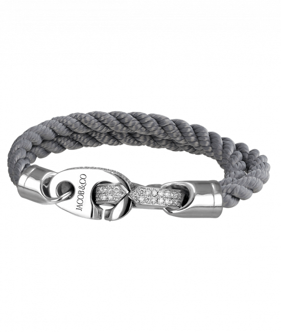 Perfect Fit Bracelet Double Strap White Gold with White Diamonds on Braided Charcoal Rope