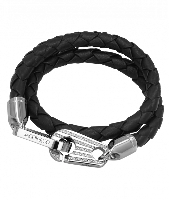 Perfect Fit Bracelet Double Strap White Gold with White Diamonds on Braided Black Leather