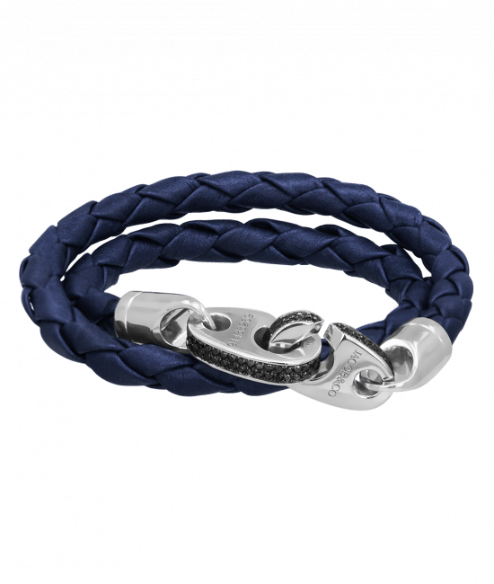 Perfect Fit Bracelet Double Strap White Gold with Black Diamonds on Braided Navy Blue Leather