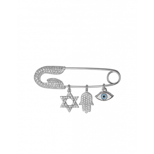 White Gold Diamond Safety Pin with Charms