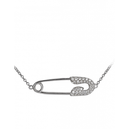 Small White Gold Diamond Single Safety Pin Necklace