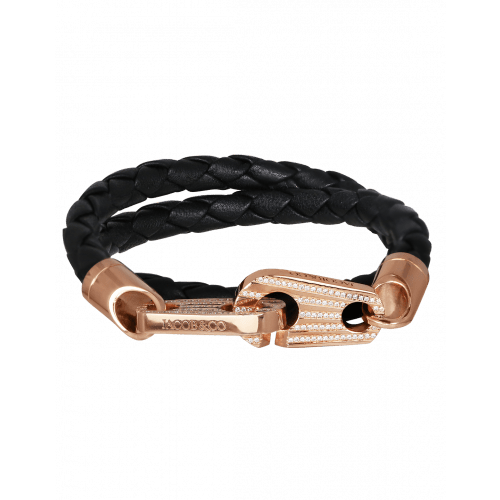 Perfect Fit Bracelet Double Strap Rose Gold with White Diamonds on Braided Black Rope