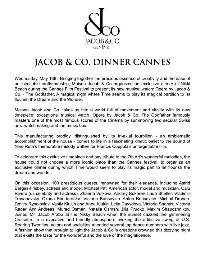 Jacob & Co. Dinner Cannes